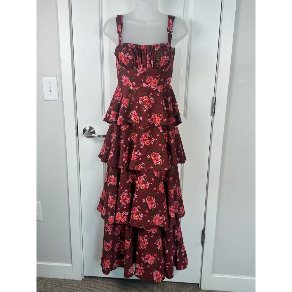 Altar'd State Zophia Layered Tiered Maxi Dress Floral Womens S Pink Red